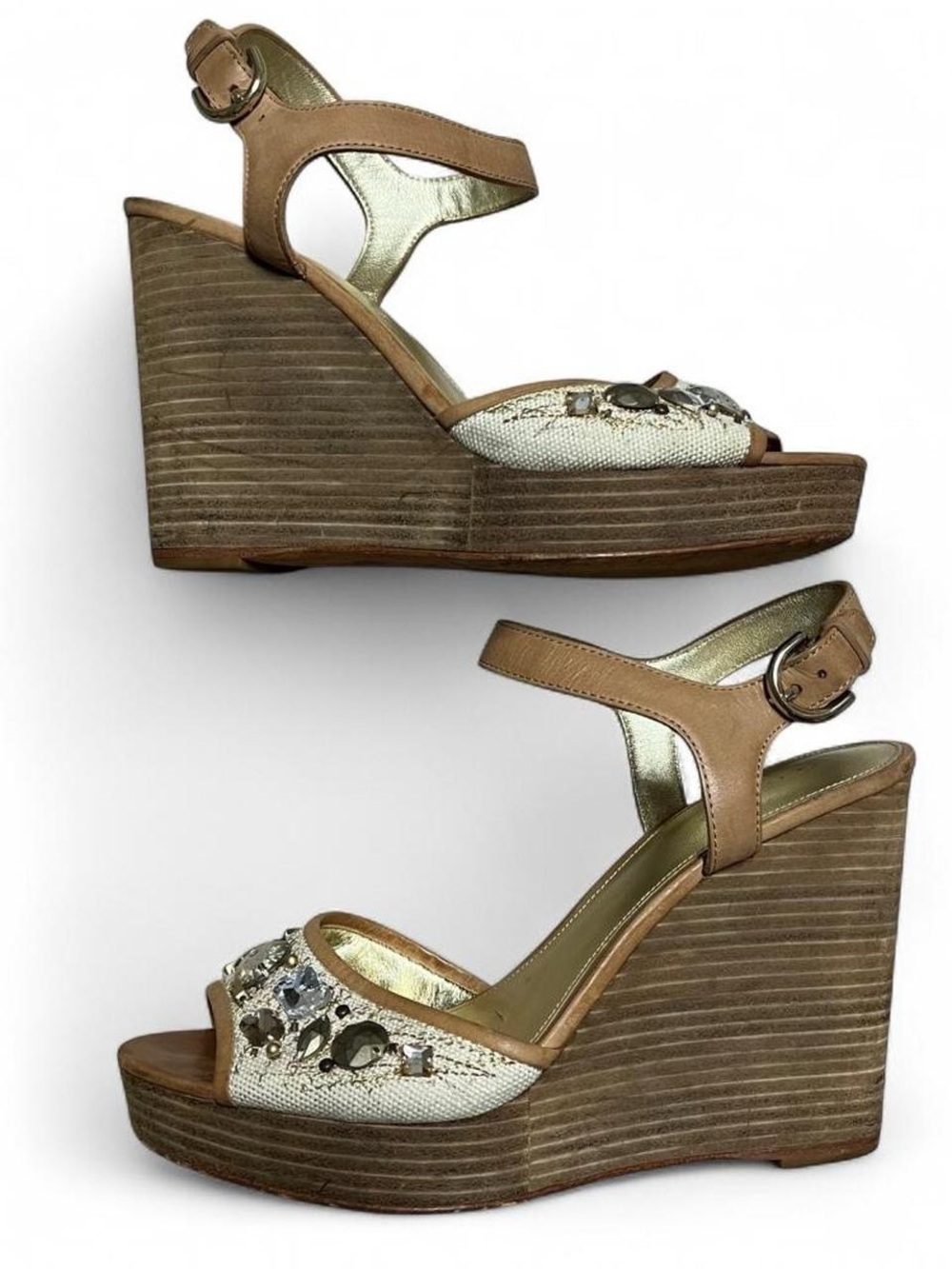 Rare Y2K Vintage Coach Hanson Beaded Tan Leather Wedge Sandals with Ankle Strap